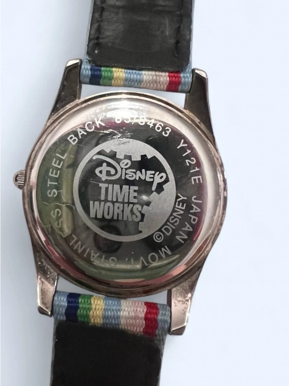 Vintage Disney Time Works Mickey Mouse Wristwatch Rainbow Stripe Band